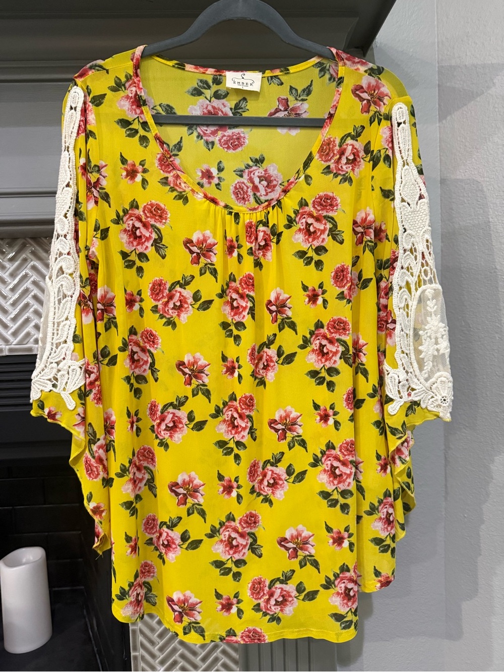 Women’s Yellow Floral Tunic with Cream Crochet Sleeves
